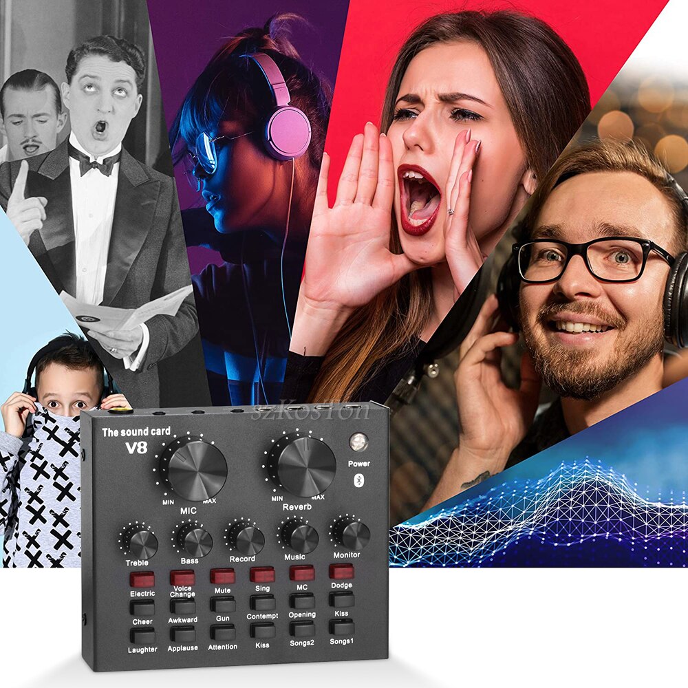 Recording Mixer V8 Sound Card With Bluetooth Audio Interface Mixing Console Studio Phantom Power For PC Microphone