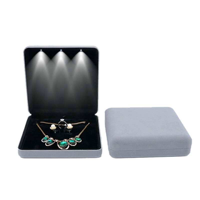 18X18X4.4 Cm Fluwelen Led Sieraden Doos Ketting Earring Ring Box Sieraden Set Display Storage Case: Gray