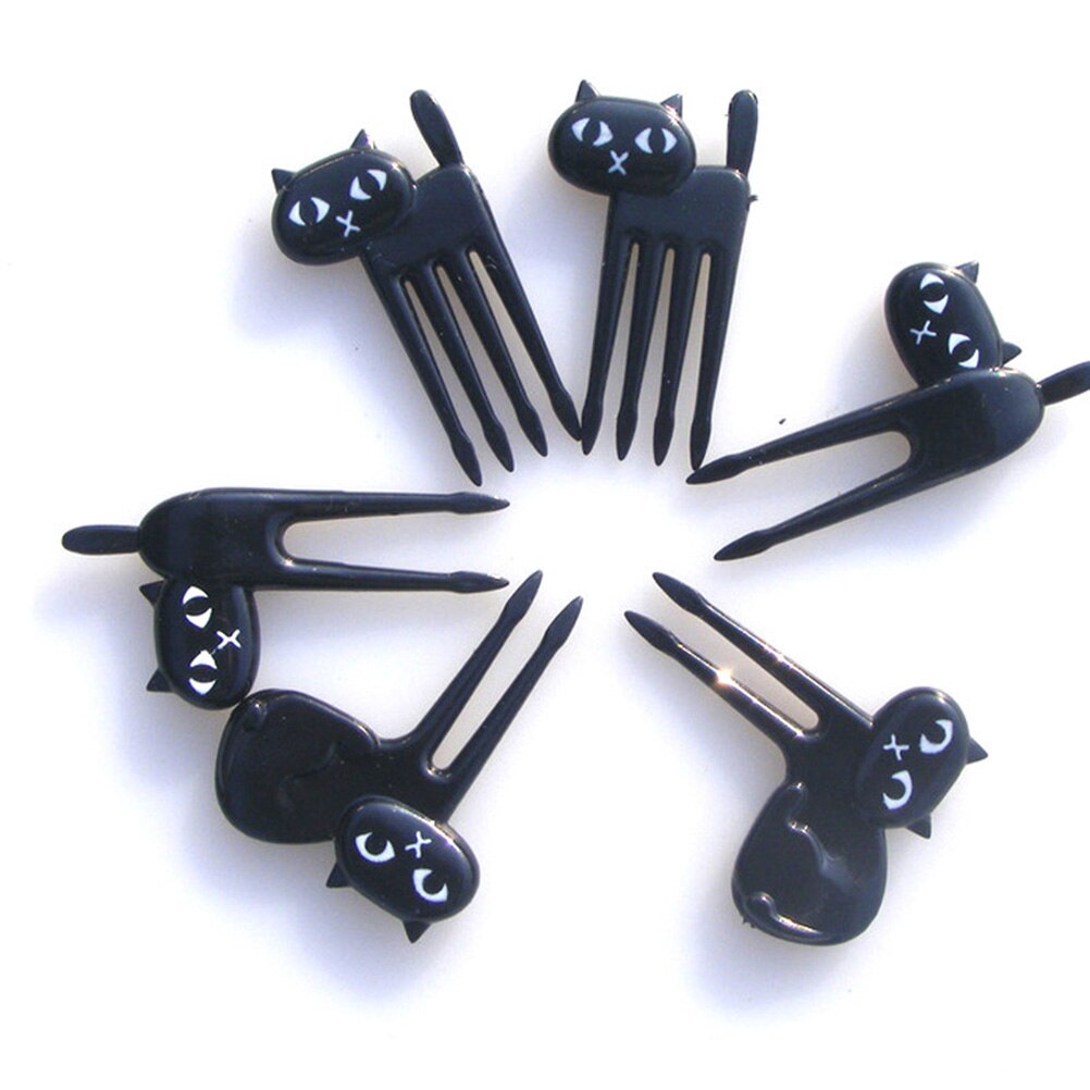 6Pcs Kawaii Mini Dier Vork Fruit Picks Leuke Cartoon Kat Kinderen Vork Bento Lunchbox Decor Accessoires Zwarte Kleur