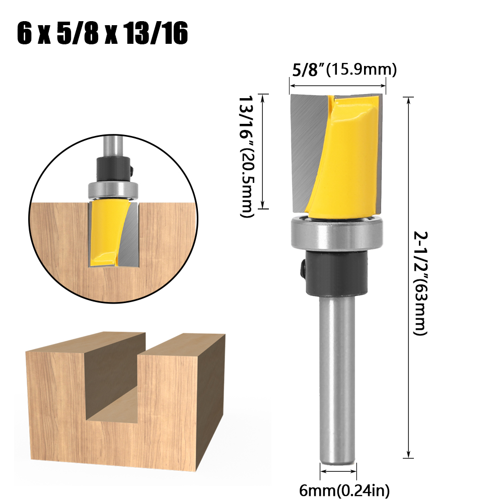 1/4"&amp; 6mm Shank Pattern Bit Flush Trim Bit Straight Bit with Bearing Hinge Mortising Router Bit Wood Trimmer Cutter: 6X15.9