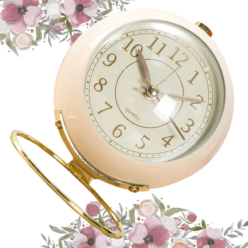 Metal Alarm Clock Round Alarm Clock Desktop Alarm Clock Bedside Alarm Clock (Beige Shipment without Battery)