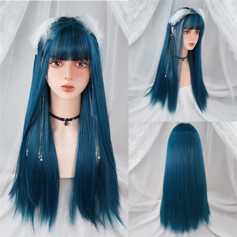 VICWIG Medium Length Cosplay Wig With Bangs Light Orange Synthetic Straight Hair Heat-resistant Rose Net Wigs For Women: Blue