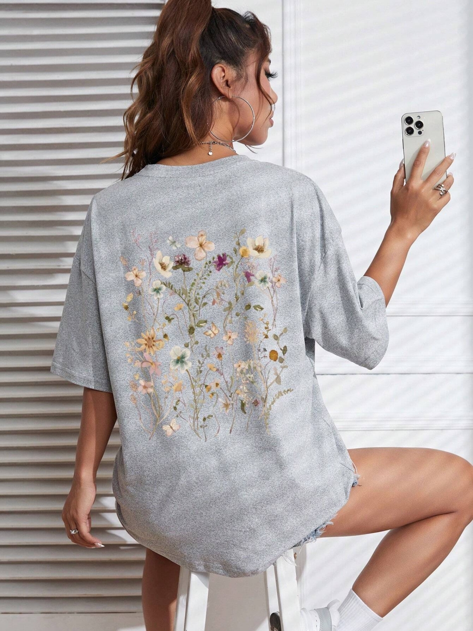 Lindas clusters de flores estampadas de algodão camisetas femininas casuais respiráveis macias manga curta tops soltos e confortáveis roupas de rua: M / Azul