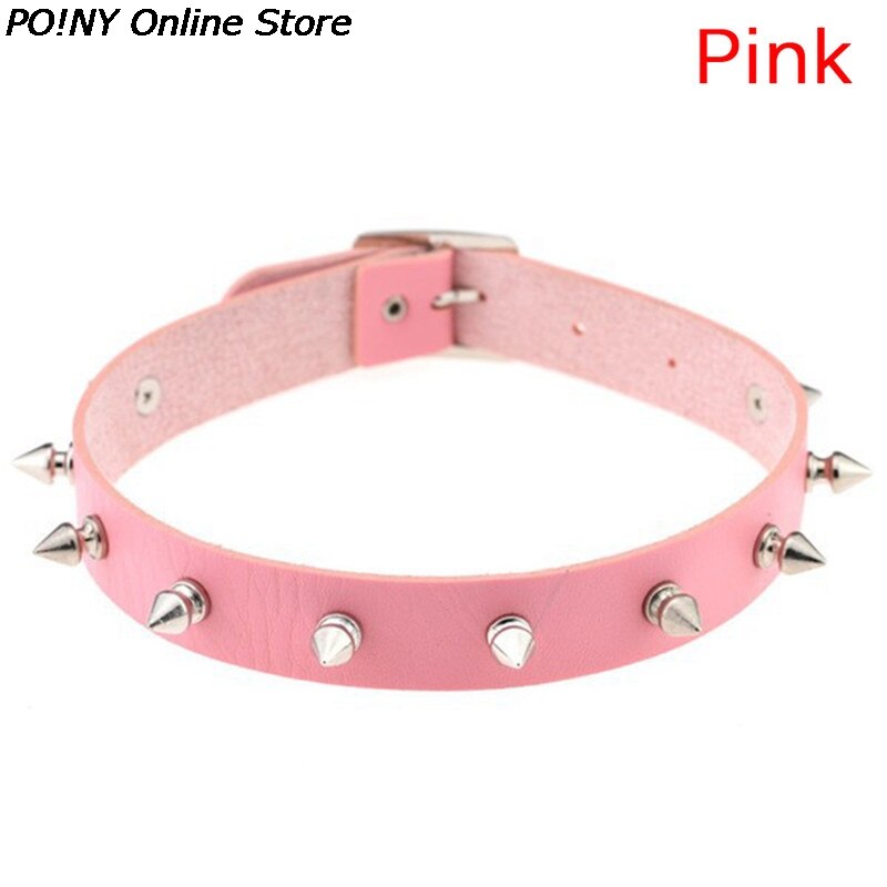 Newest Unisex Chic Punk Rock Gothic for Women/Men Leather Spike Rivet Stud Collar Choker Necklace Statement Jewelry: pink