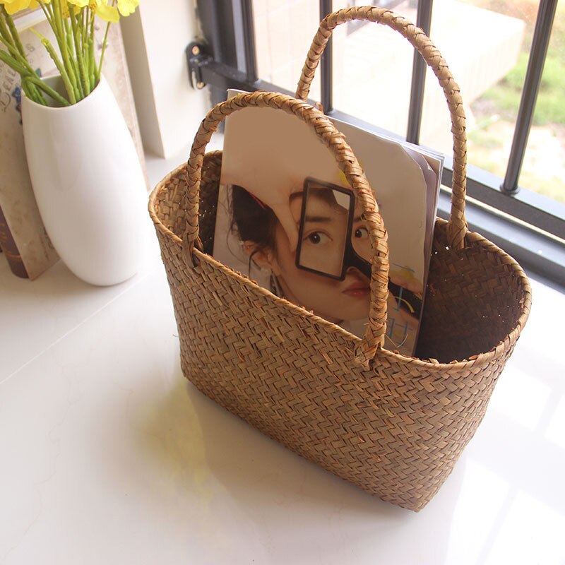 Seaweeds tecido flor cesta jardim suculento saco de armazenamento artesanato artístico cesta de compras picnic cesta de bambu