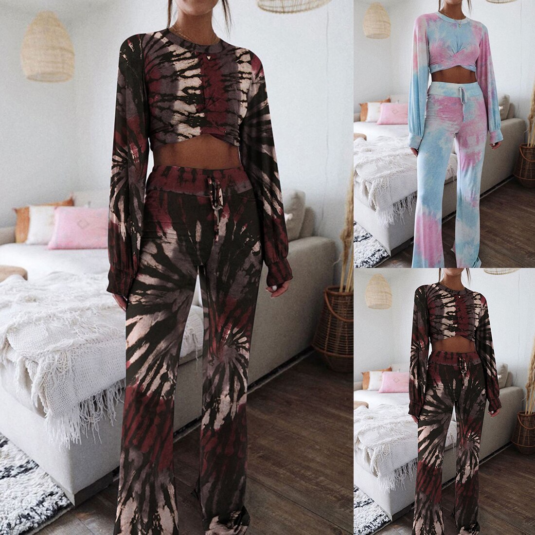 Tie-dye dames sportkleding lange mouwen kink top blote navel hoge taille broek tweedelige pakken dames herfst