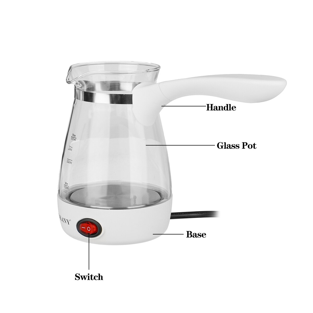 500ml kaffemaskine pot hjemmet elektrisk tyrkisk græsk kaffekedel bærbar eu-stik klart glas + rustfrit stål varmebestandigt