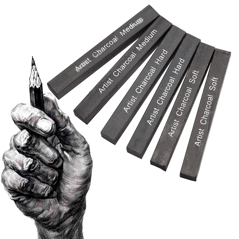 Bâton de charbon de bois comprimé 6 pièces carré doux/moyen/dur Graphite dessin crayon Art fournir des bâtons de charbon de bois pour la peinture