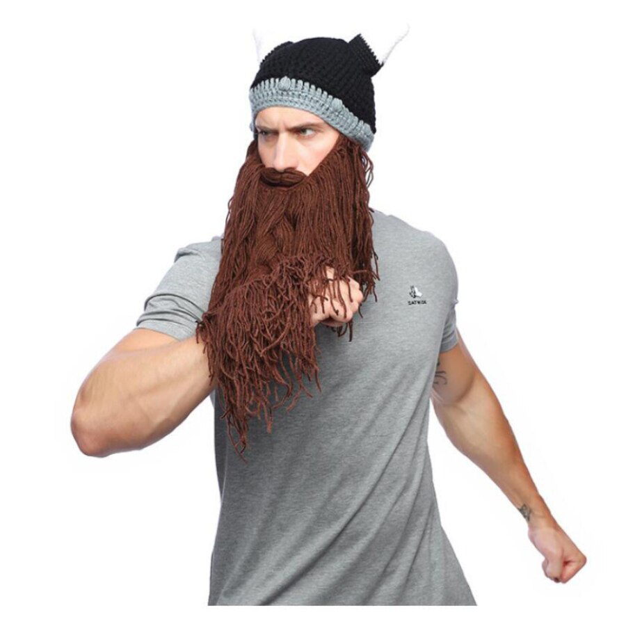 Vikings – chapeau en corne pour hommes et femmes, nouveauté, tricoté, drôle, fait à la main, pour fête d'halloween, hip hop, automne et hiver: Hat01 brown