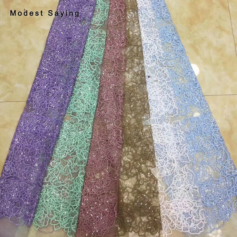 2 Yards Khaki Sequined Flowers Lace Fabrics for Evening Dress Embroidered Mesh Party Prom Net Lace Material