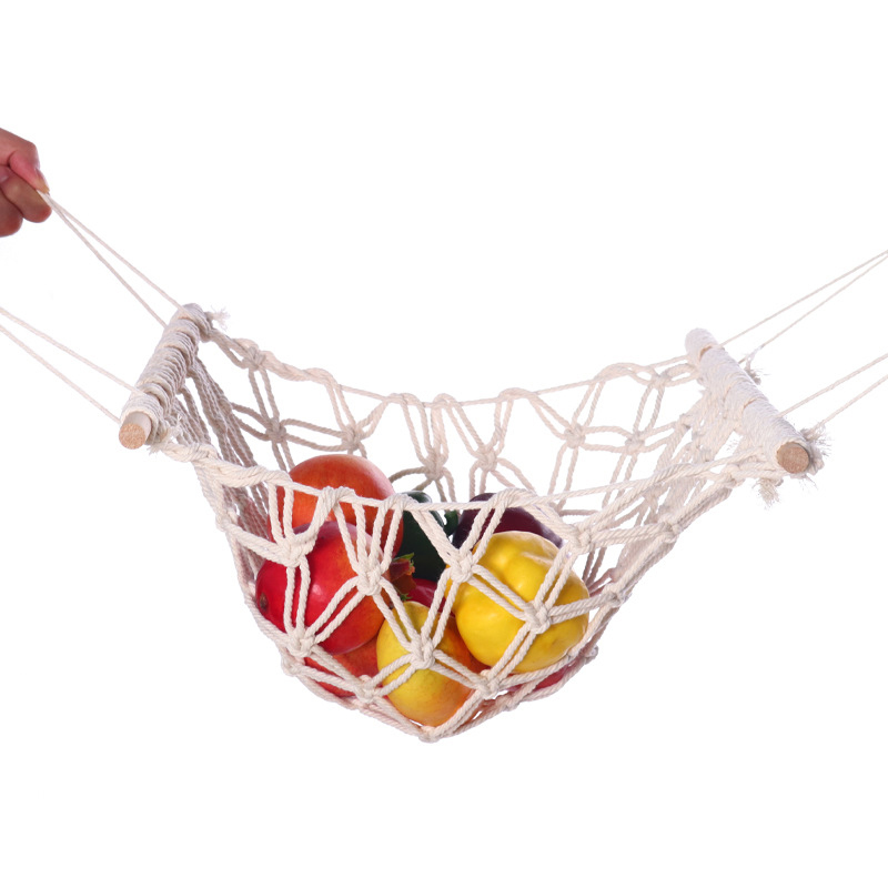 Home Kitchen Storage Baskets Wood Stick Holding Fruit Vegetable Hanging Hammock