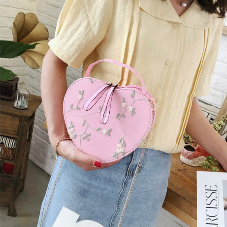Bolso de hombro de encaje, bolsos de mujer de corazón de melocotón, bolso de mano de bordado, bolso Diagonal portátil para chica, bolso de cadena en forma de corazón para niña: Rosa
