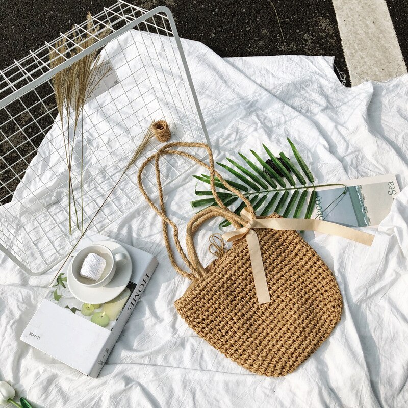 Literarischen stroh gewebte tasche, schulter tasche, handtasche, Dual-benutzen-weiblichen beutel, Strand gewebt stroh tasche, bowknot