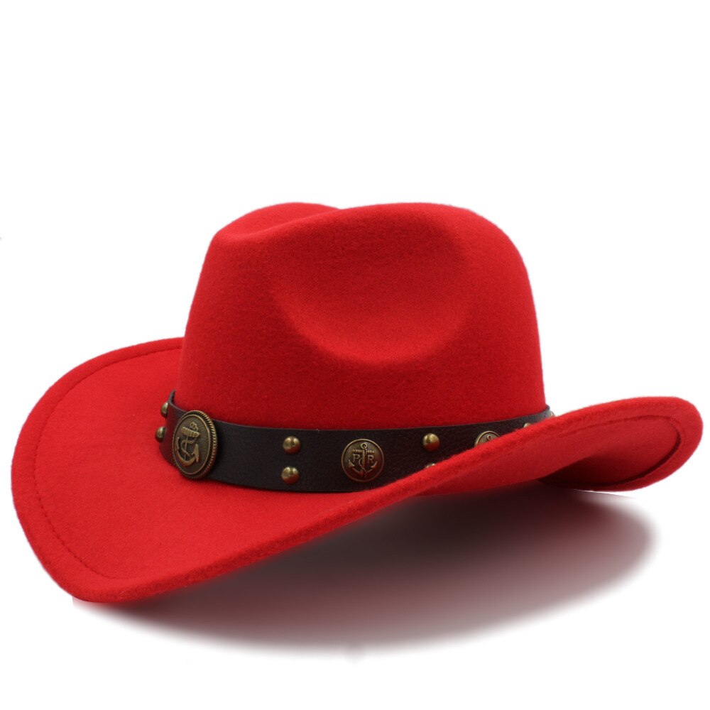 Kvinders uld western cowboy hat roll-up brim lady fascinator jazz hestesport sombrero hombre fedora cap størrelse 56-58cm: Rød