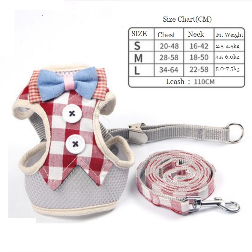 Breathable Dog Cat Harness Pet Mesh Puppy Kitten Vest Adjustable Pet Walking Harnesses and Leash Set For Chihuahua Small Dogs: Red Button / L