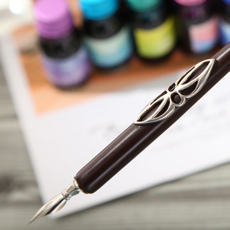 Wooden Caligraphy Dip Pen Hook Line Signature Fountain Pens with Ink Nibs Set Dip Pen Kit Offices School Stationery