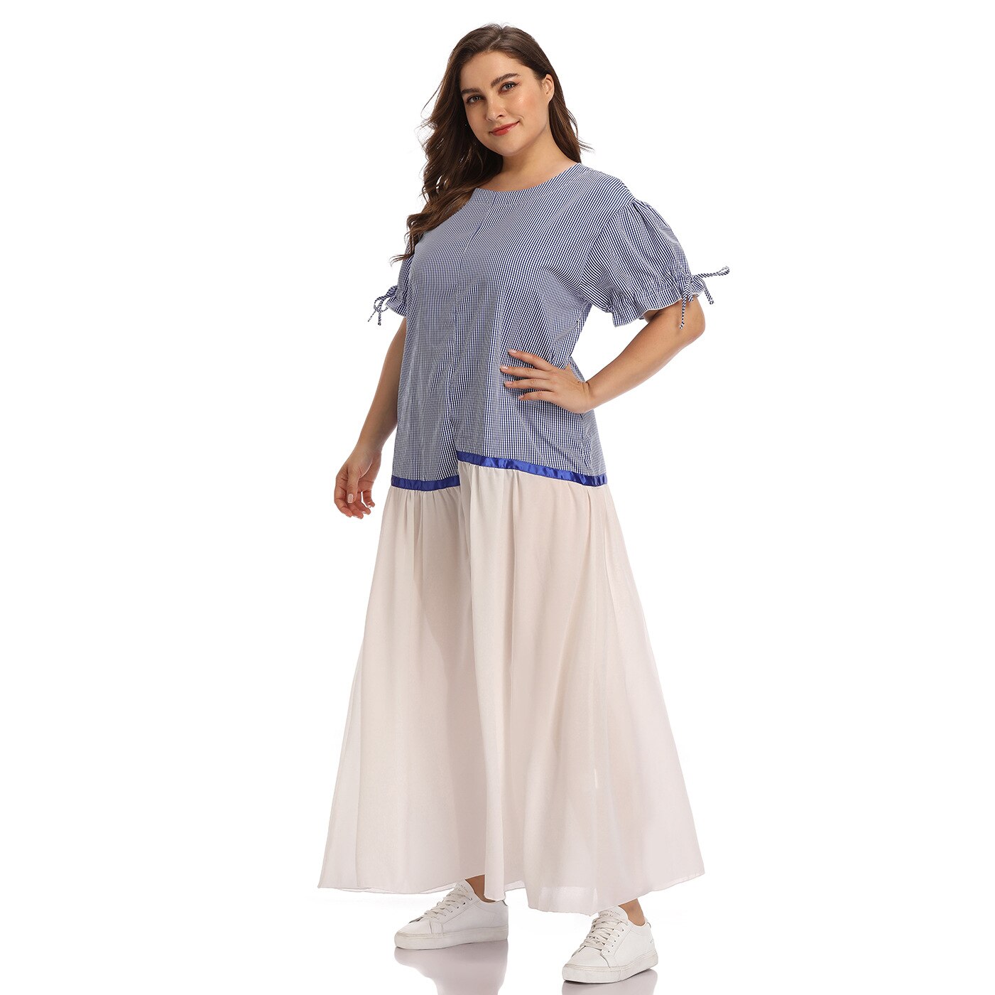 Strand Jurken Plus Size Vrouwen Zomer Korte Mouw Gestreepte Print Mesh Patchwork Maxi Lange Jurk Tuniek Losse Oversized Jurk