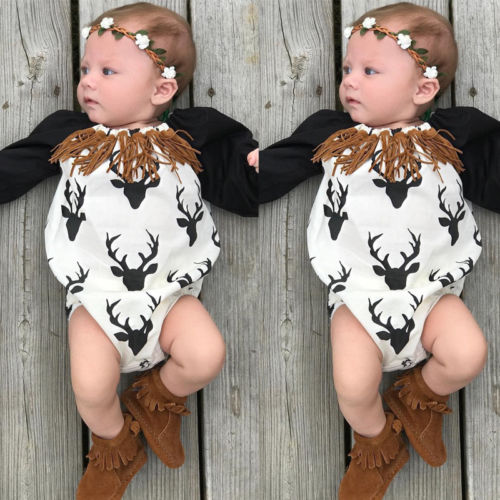 Emmababy XMAS Bodysuit Baby Kids Girls Boy Deer Printed Tassel Bodysuit Jumpsuit Long Sleeve Clothes