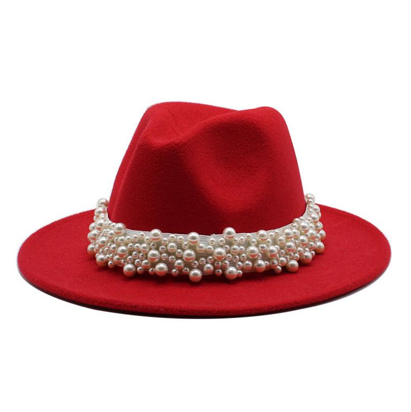 femmes hommes feutre Fedora chapeaux décontracté hommes femmes Imitation perle ruban bord Trilby formel casquette de fête: WYH-4907-2