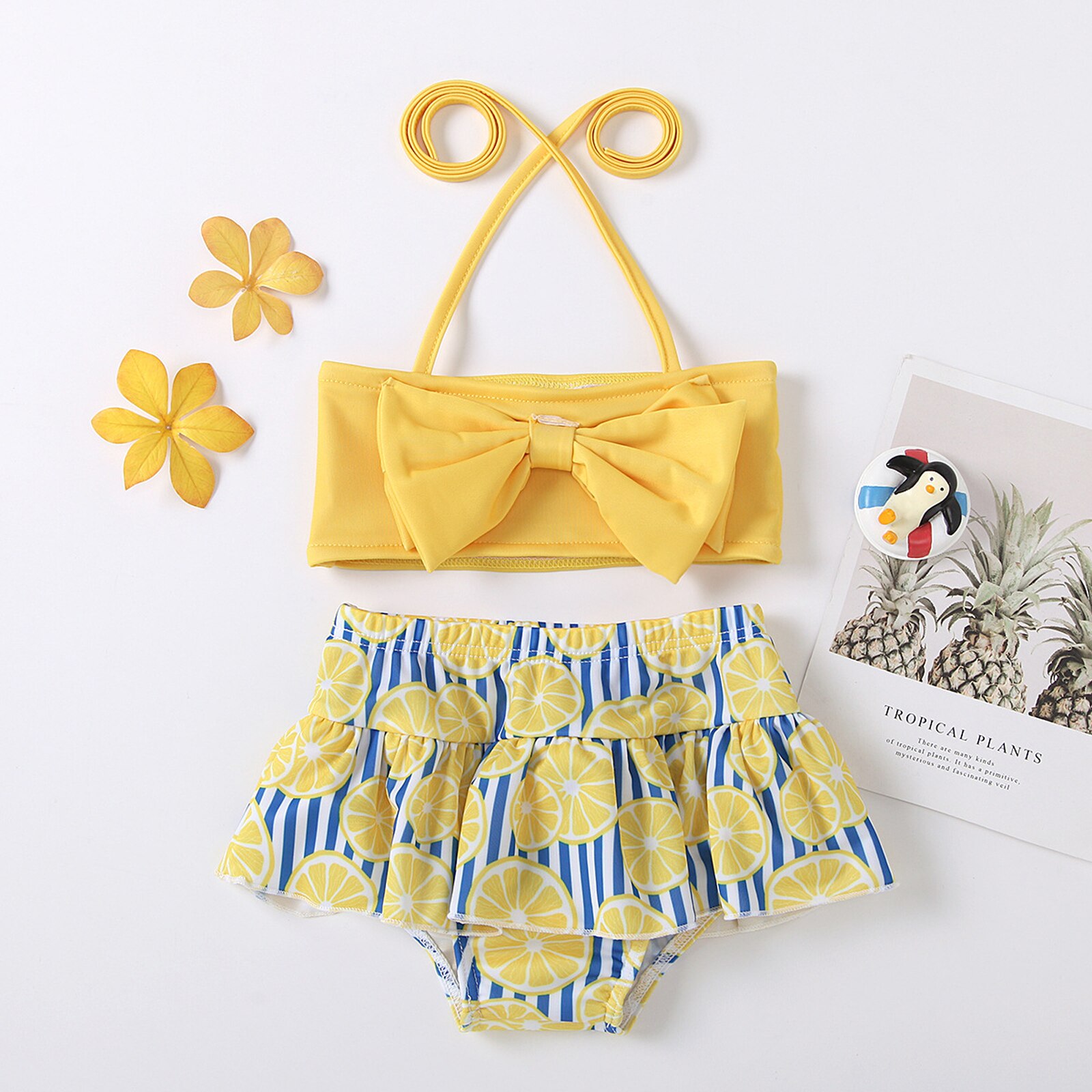 Girls Two-piece Swimming Clothes Set, Halter Neck Sleeveless Tops and Printed Pattern Shorts, Rosy/ Red/ Orange/ Yellow 6M-4T