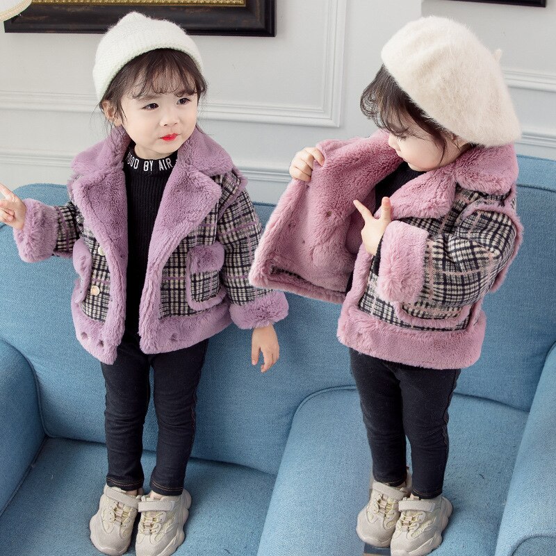 Flickor vinter rutig kappa baby sammet prinsessa förtjockad koreansk stil lapel jacka
