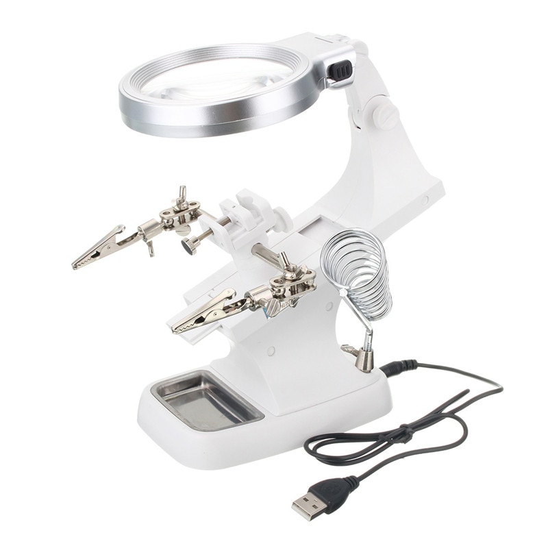 Welding Magnifying Glass Clamp 5 LED Auxiliary Clip Magnifier Hand Soldering Solder Iron Stand Holder Station: white Magnifier