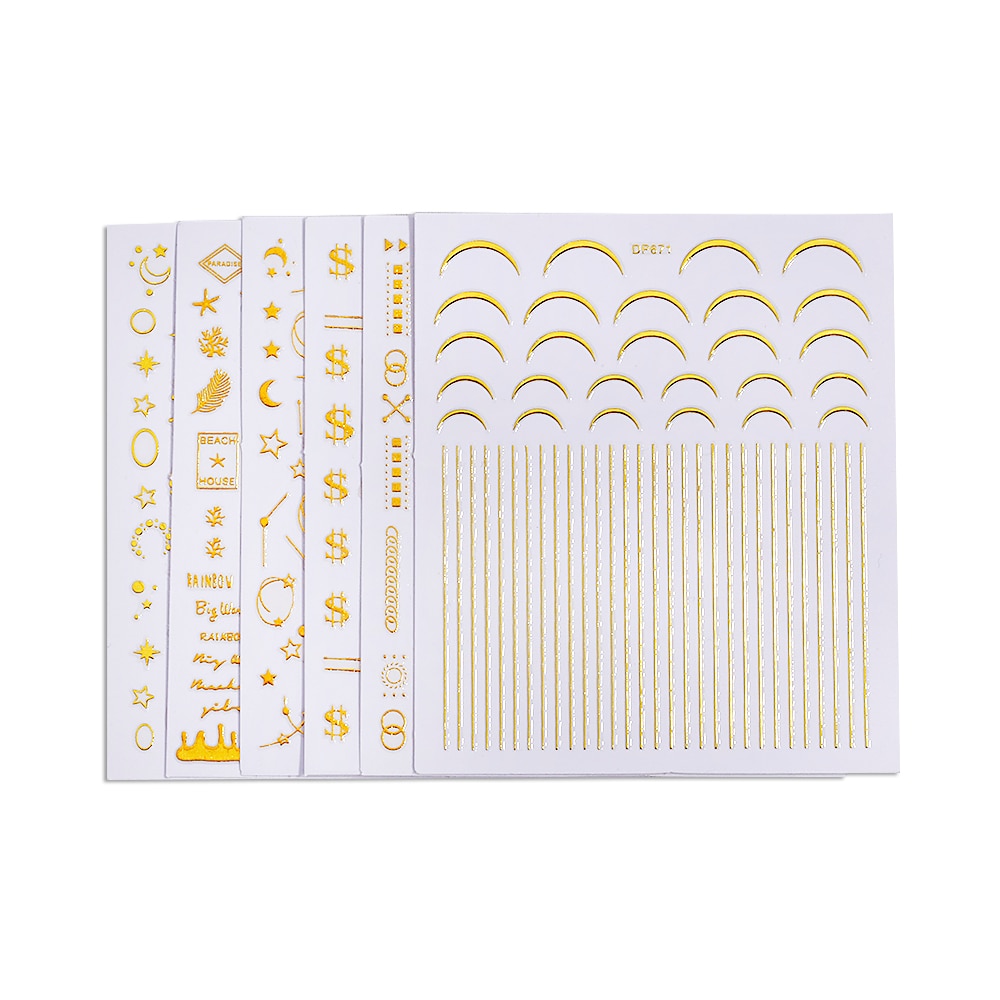 6 stks/pak Gold 3D Nail Sticker Lijnen Strip Geometrische Hart Maan Zelfklevende Nail Art Transfer Stickers Decals Manicure NL51