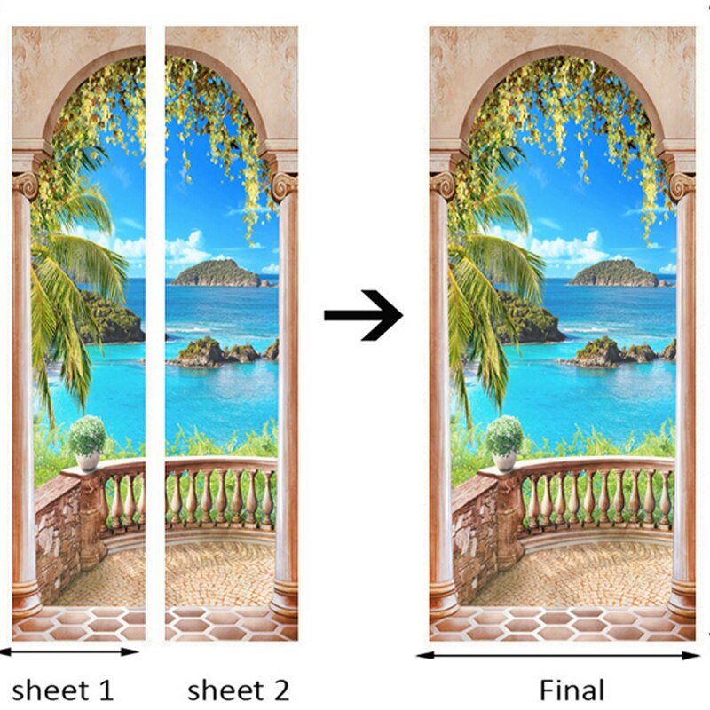 Pegatina de decoración de Puerta del hogar 3D foto de la playa Mural papel pintado sala de estar dormitorio PVC autoadhesivo impermeable pegatinas creativas DIY