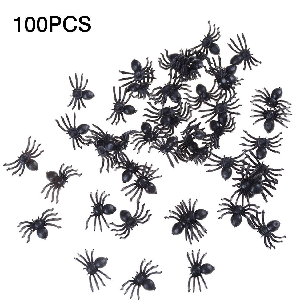 100 kpl halloween mini muovi musta valoisa hämähäkki vitsi vitsi syntymäpäivälelut diy koristeelliset hämähäkit juhlatarvikkeet: Musta