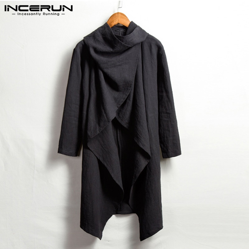 Incerun Vintage Mannen Jassen Katoen Coltrui Onregelmatige Geul Poncho Casual Lange Mouw Mantel Effen Straat Jassen Heren Bovenkleding: Black / S