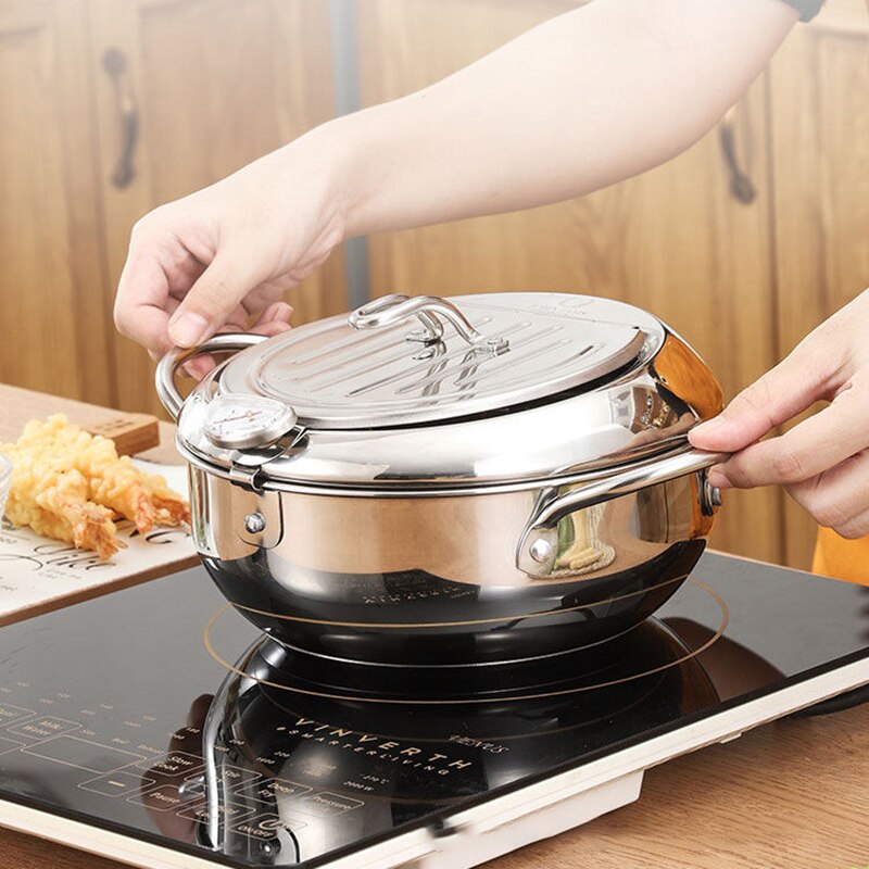 Japanese Tempura Fryer Pan Kitchen Deep Frying Pot Temperature Control Fried Pot Stainless Steel Chicken Fryer Pan Cooking Tools