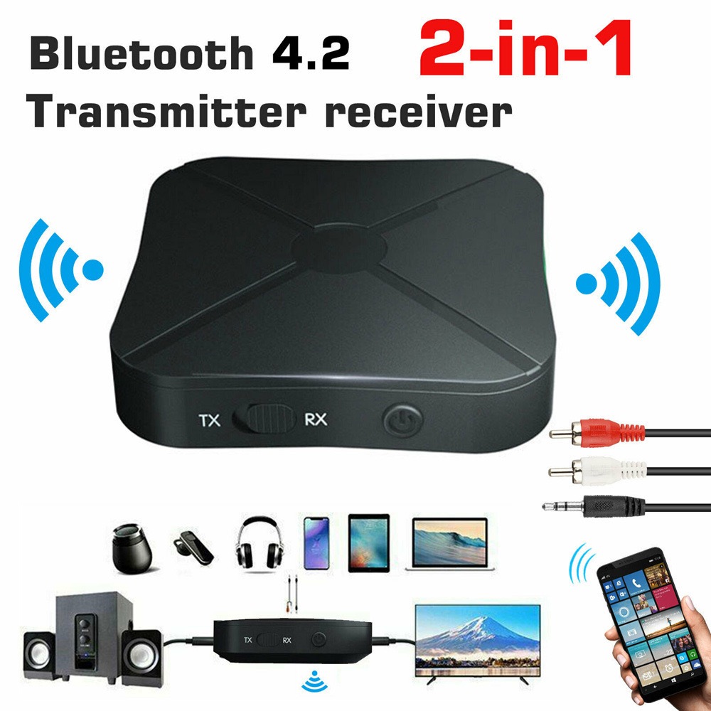 Bluetooth 4.2- mottaker, avsender, 2 i 1 trådløs lydadapter med 3.5mm aux-kontakter, rca-stereo til hjemme-tv,  mp3 pc høyttalere
