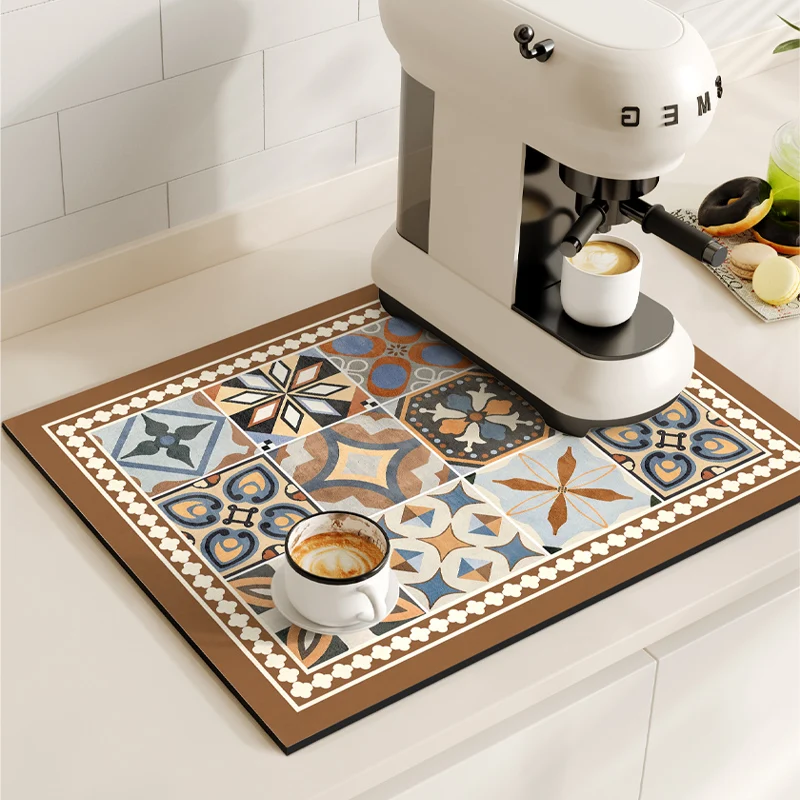 VIKAMA Kitchen Diatom Mud Mat Retro Coffee Machine Mat Waterproof Dish Drying Mats Quick Dry Drain Pad Draining Placemat: L / Beige