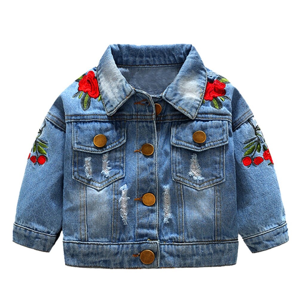 Toddler Baby Girl Long Sleeve Rose Coats Embroidery Windproof Hole Denim Coat Outwear Turn-down Collar Button Coat Пальто: 18M