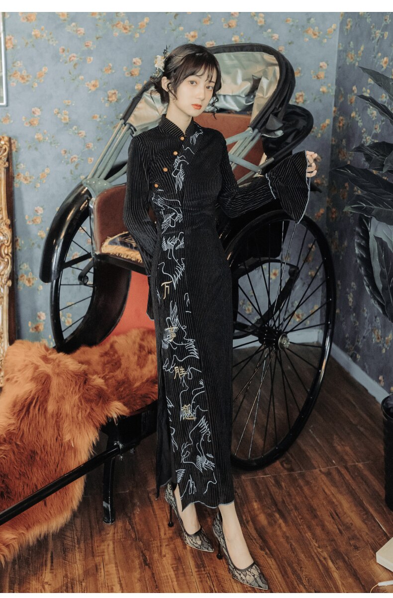 Chinese Retro Cheongsam Meisje Gemodificeerde Jurk Elegante Zwarte Goud Fluwelen Sexy Lange Rok Vrouwen Chinese Qipao Jurk