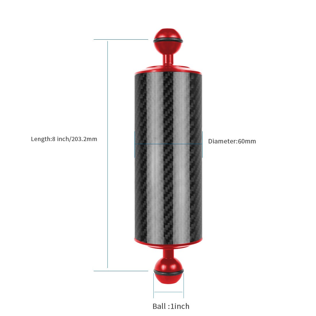 Bandeja de extensión de fibra de carbono para Gopro yi EKEN y DJI OSMO Action, flotador de brazo acuático de flotabilidad, cámara SLR de doble bola para buceo: 8inch D60mm Red