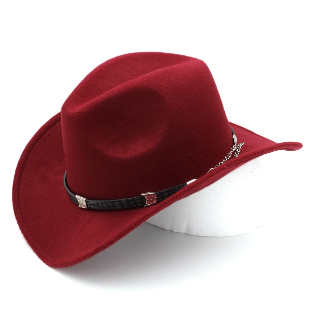 Munng retro kowbojka jeździecki kapelusz kobiety mężczyźni zachodni kapelusz kowbojski czapka z szerokim rondem mieszanka wełny: wino czerwony
