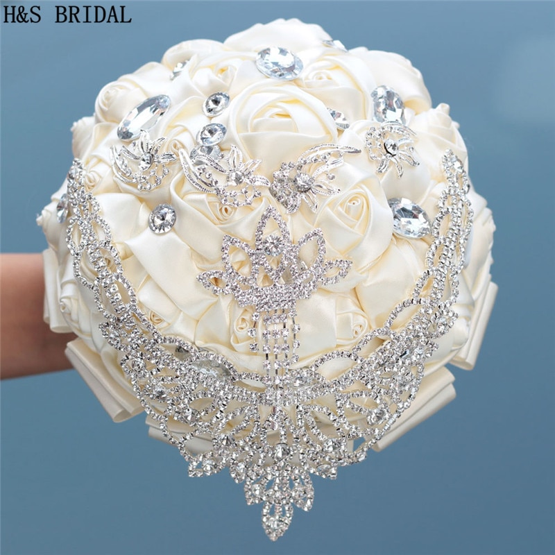 H&amp;S BRIDAL Ivory Crystals Crown Wedding Flowers Crystals Bridal Bouquets Artificial Wedding Bouquets buque de noiva