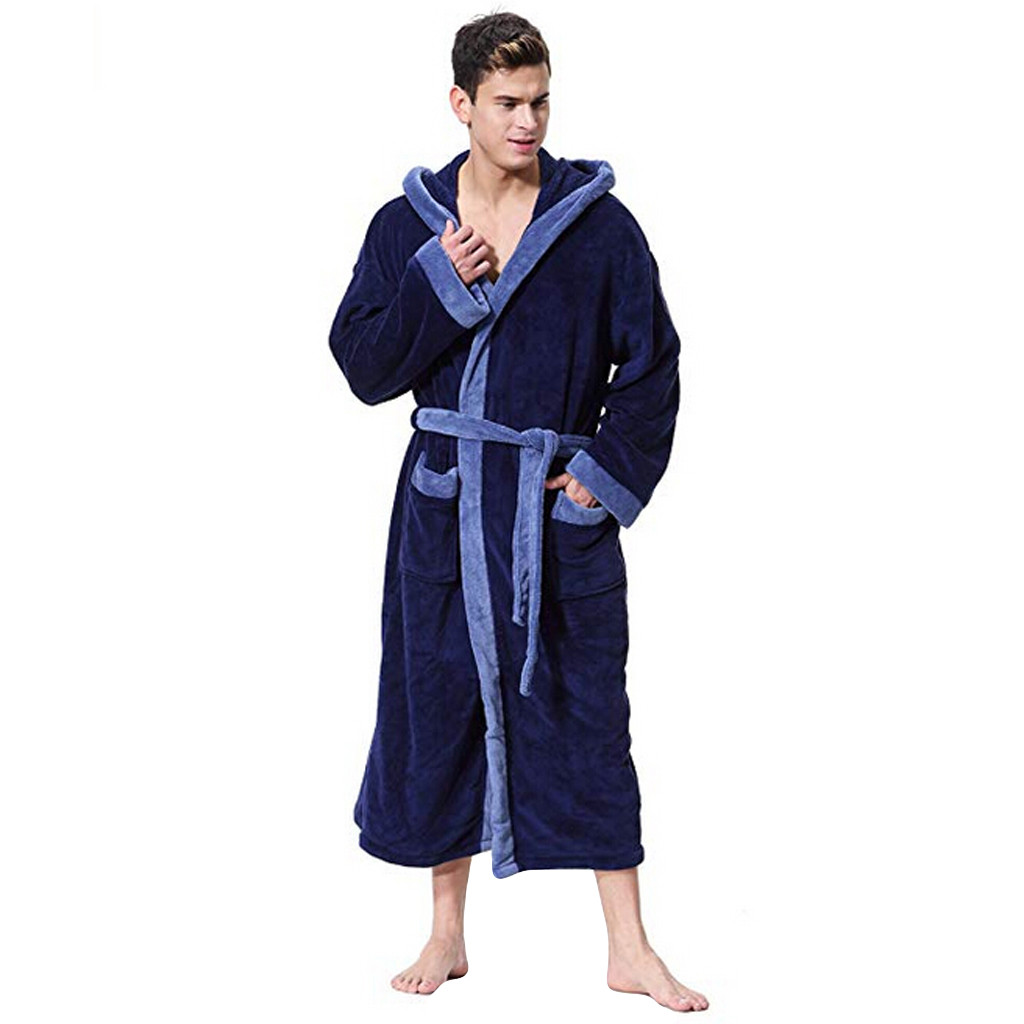 hooded Bathrobe men robe sleepwear Plush winter Lengthened Patchwork Long Sleeve Robe badjas d90914: bu / M