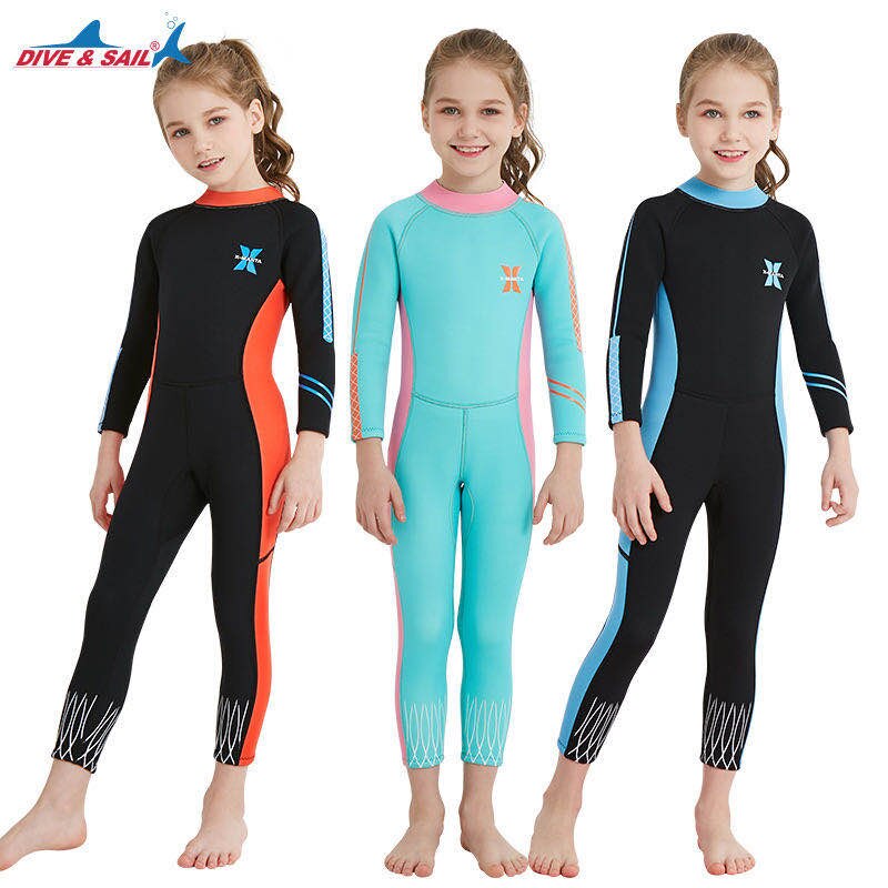 Traje de buceo de neopreno para niños y niñas, traje de baño de manga larga que mantiene el calor, protección UV, 2,5 MM