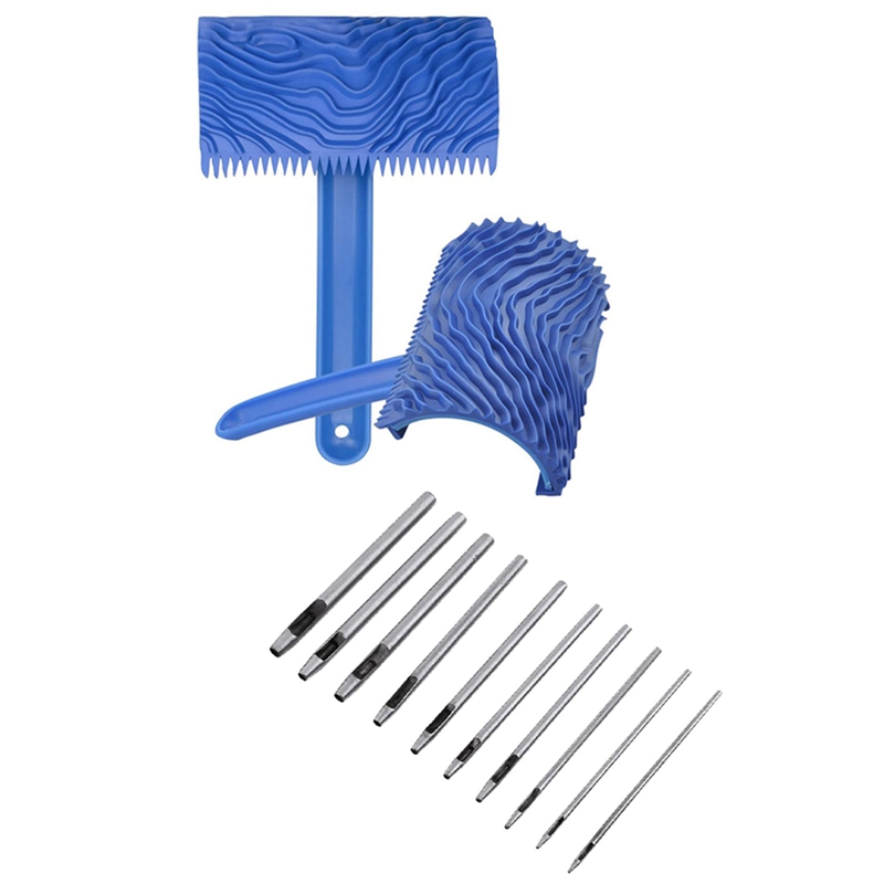 2Pcs Wood Pattern Graining Washable Empaistic Wood Texture Tool With 10Pcs Leather Hole Punch Cutter Punch Set 0.5-5Mm