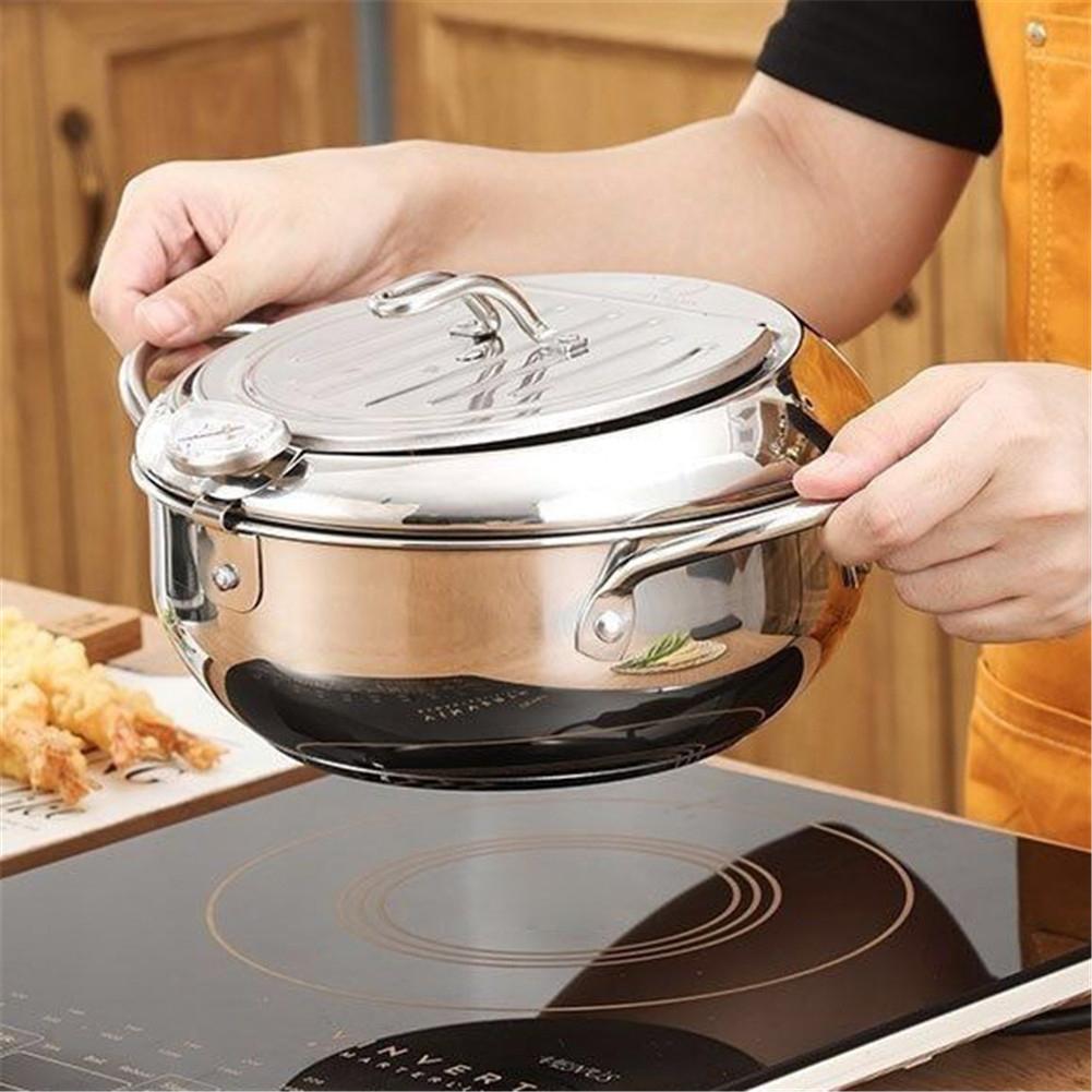 Japanese Style Deep Frying Pot Tempura Fryer Pan Thermometer Tempura Fryer Pot Temperature Control Fried Chicken Cooking Tools