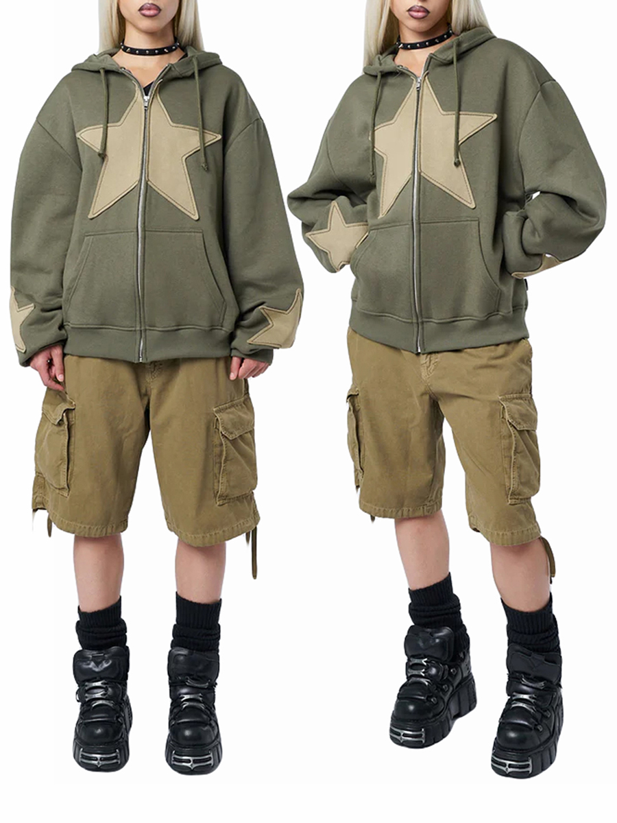 Y2K-Sudadera con capucha con estampado de estrellas Vintage para mujer, sudaderas informales holgadas de manga larga con cremallera y cordón, abrigo de calle para otoño y primavera: S / Verde