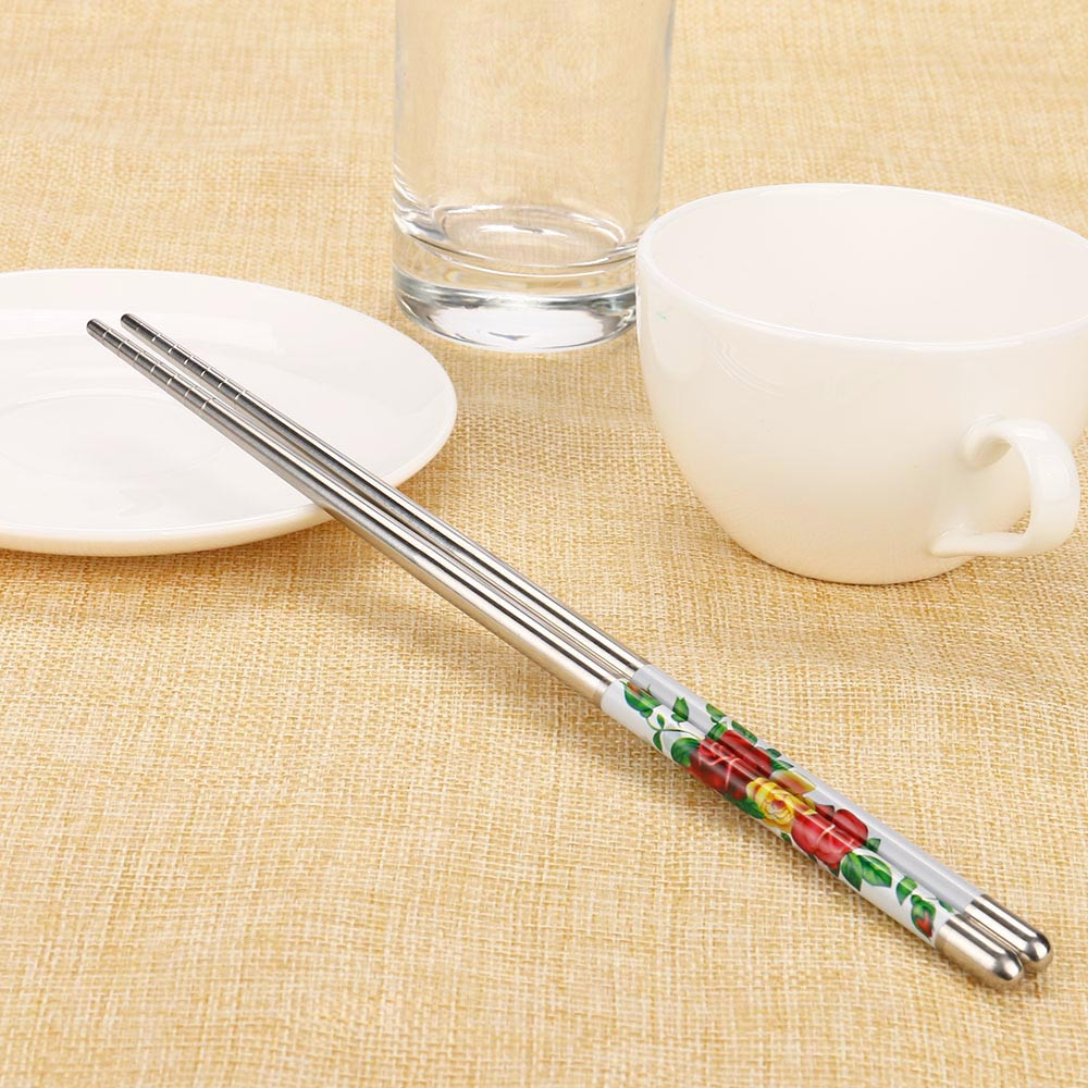 1 paar Eetstokjes Chinese Natuurlijke Lengte Witte Bloem Patroon Roestvrij Staal Eetstokjes Draagbare Chop Sticks