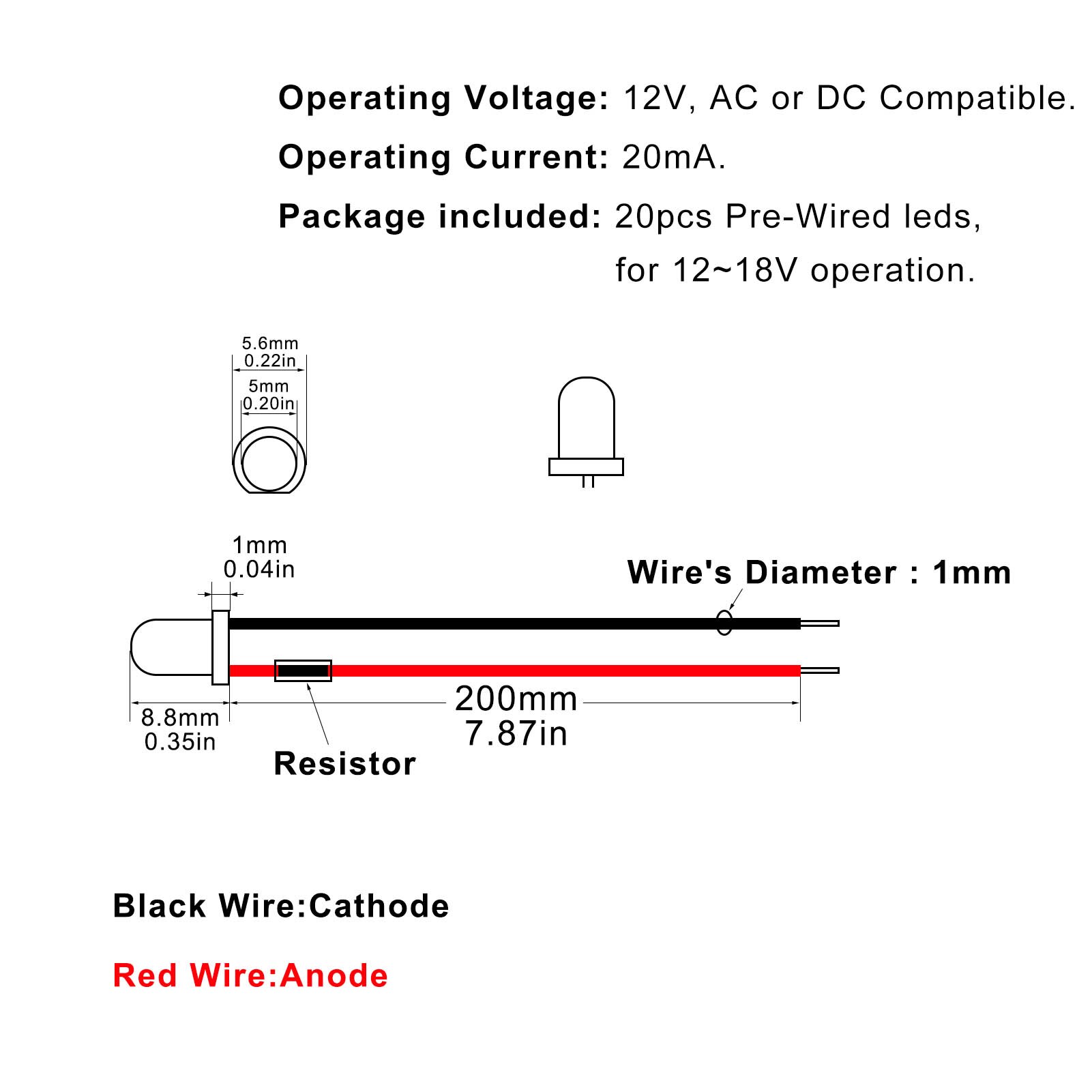 20pcs Pre Wired 5mm Led Lamp Light WARM White Set 20cm Long Wire 12V L125WM
