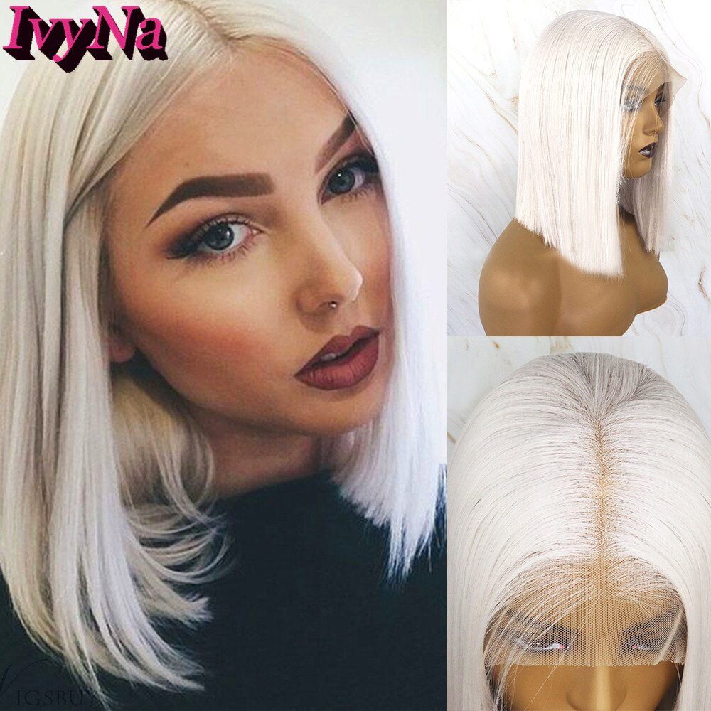 IvyNa Platin blond Kurze Bob Synthetische Spitze Vorderseite Perücken 13x6 Weiß blond 13x6 Spitze frontal Perücken schulter Länge Vor Gezupft