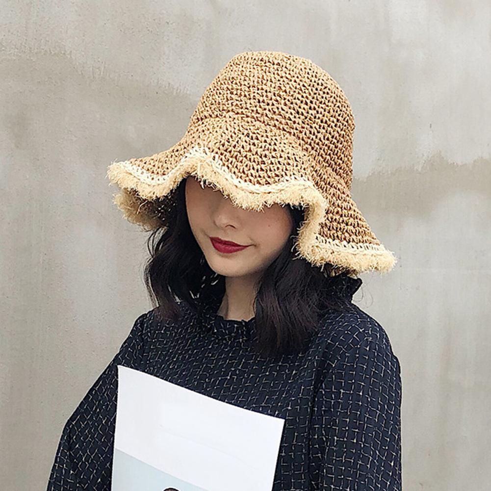 Summer Women Straw Sun Hats Crochet Knit Straw Hat Wide Wavy Brim Sunscreen Beach Cap Sunhat Beach Straw Sun Caps For