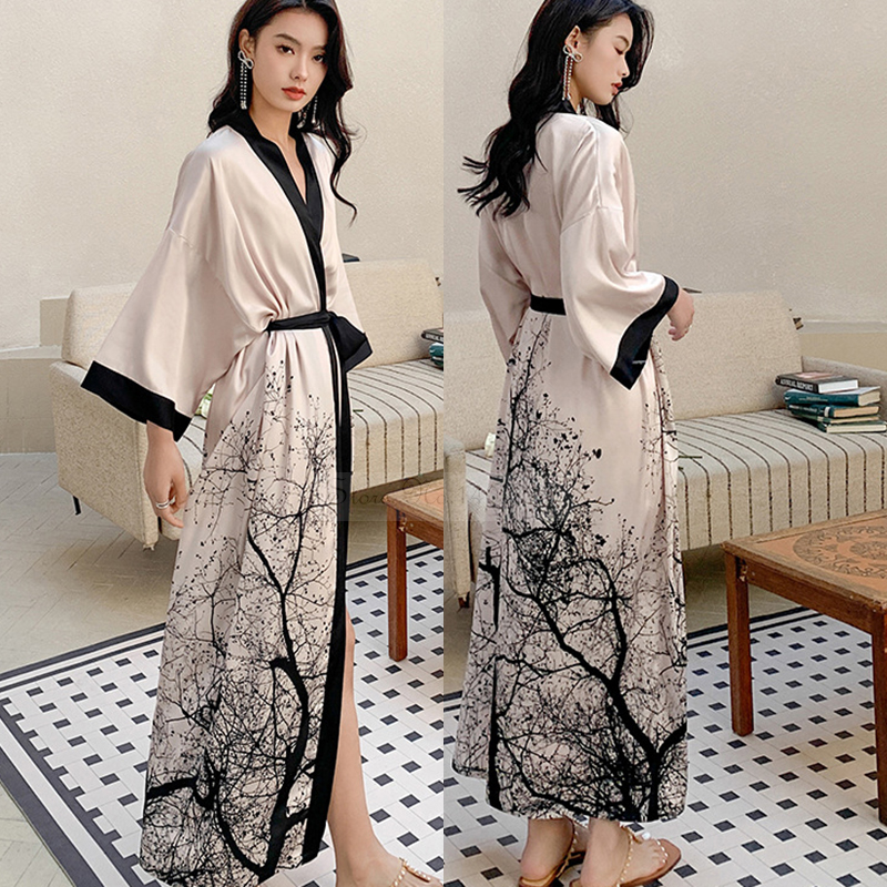 Albornoz tipo kimono largo con estampado de flores para mujer, bata de boda Sexy de media manga, camisón de rayón para primavera y verano, vestido para casa, ropa de dormir: Gris
