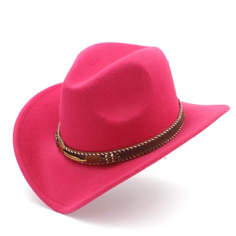 Menns ull vestlig cowboyhatt til herre dame vinter høst jazz cowgirl cloche sombrero caps med belte: Rosenrød