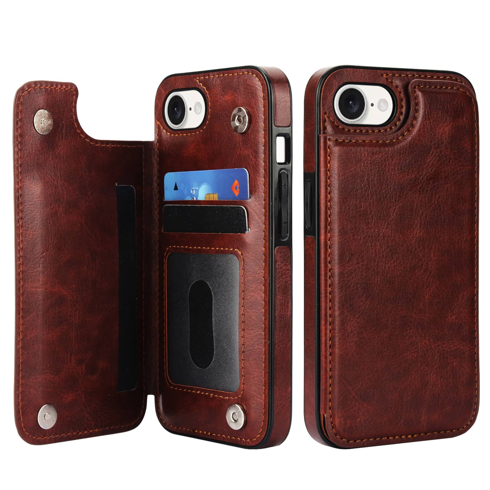 For iPhone 16e Wallet Case With Card Holder, PU Faux Leather Kickstand Card Slots,Double Magnetic Clasp Durable Cover: Dark Brown